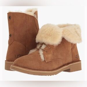 UGG WOMEN’s Quincy Leather And Sheepskin Lace Up Boots Tan Size 7